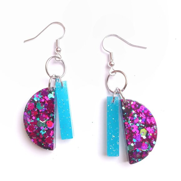 Handmade Jewelry - Sterling silver blue and purple glitter geo art deco dangle earrings new resin